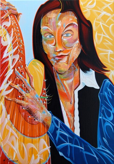 Pintura intitulada "Harpiste" por Laurent Messager, Obras de arte originais, Óleo Montado em Armação em madeira