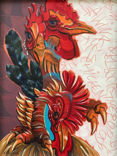 Painting titled "Coq Louis" by Laurent Messager, Original Artwork, Oil Mounted on Other rigid panel