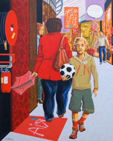 Painting titled "Le ballon" by Laurent Messager, Original Artwork, Oil Mounted on Wood Stretcher frame