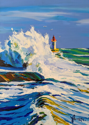 Painting titled "Phare des Sables d'…" by Laurent Perazza, Original Artwork, Oil Mounted on Wood Stretcher frame