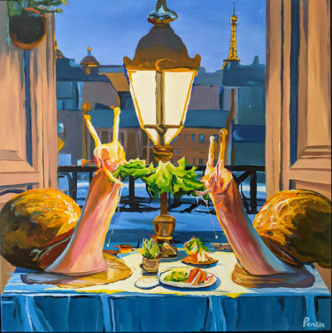 Painting titled "Dîner romantique à…" by Laurent Perazza, Original Artwork, Oil Mounted on Wood Stretcher frame