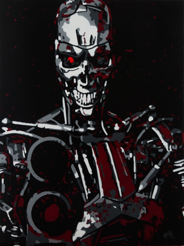 Painting titled "T-800 Mr Red" by Laurent Roybet, Original Artwork, Spray paint Mounted on Wood Stretcher frame