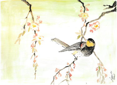 Painting titled "Oiseau" by Laurent Senechau, Original Artwork, Watercolor