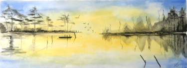 Painting titled "Lac" by Laurent Senechau, Original Artwork, Watercolor