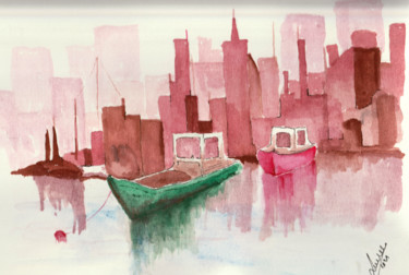 Картина под названием "le port" - Laurent Senechau, Подлинное произведение искусства, Акварель