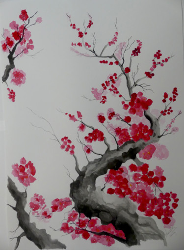 Painting titled "Branche de cerisier" by Laurent Senechau, Original Artwork, Watercolor