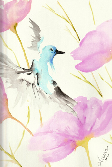 Painting titled "oiseau bleu" by Laurent Senechau, Original Artwork, Watercolor