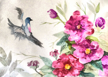 Pittura intitolato "Oiseau bleu et fleu…" da Laurent Senechau, Opera d'arte originale, Acquarello