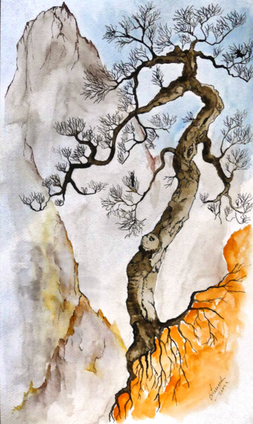 Peinture intitulée "Arbre sur rocher" par Laurent Senechau, Œuvre d'art originale, Aquarelle