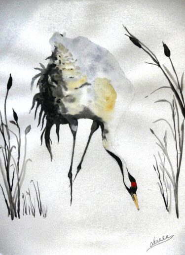 Peinture intitulée "Grue" par Laurent Senechau, Œuvre d'art originale, Aquarelle