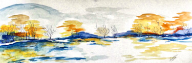Peinture intitulée "paysage bleu" par Laurent Senechau, Œuvre d'art originale, Aquarelle