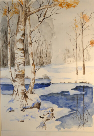 Peinture intitulée "Bouleau en hivers" par Laurent Senechau, Œuvre d'art originale, Aquarelle