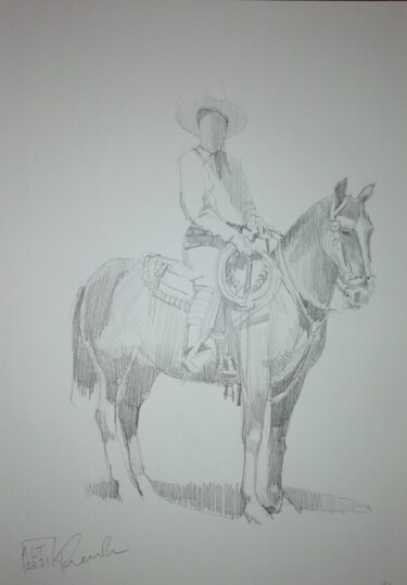 Dessin intitulée "American cow boy" par Laurent Treneule, Œuvre d'art originale, Crayon