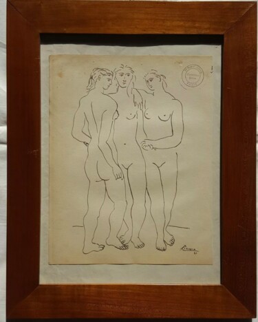 Dibujo titulada "Trois femmes nues" por Laurent Zahnd, Obra de arte original, Tinta Montado en Bastidor de camilla de madera