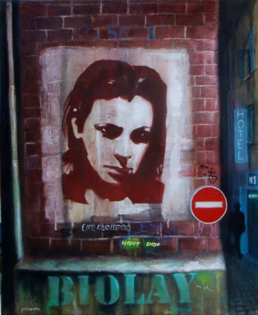 Schilderij getiteld "Biolay" door Laurent Chimento, Origineel Kunstwerk, Graffiti Gemonteerd op Frame voor houten brancard