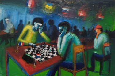 Painting titled "Le tournoi d'échecs" by Laurent Chimento, Original Artwork, Oil Mounted on Wood Stretcher frame