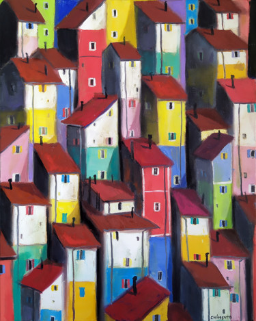 Painting titled "Habitations en fron…" by Laurent Chimento, Original Artwork, Oil Mounted on Wood Stretcher frame