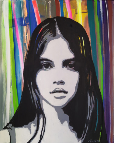 Portrait NB au 4 couleurs fluos Peinture intitulée "Portrait NB au 4 co…" par Laurent Chimento, Œuvre d'art originale, Huile Monté sur Châssis