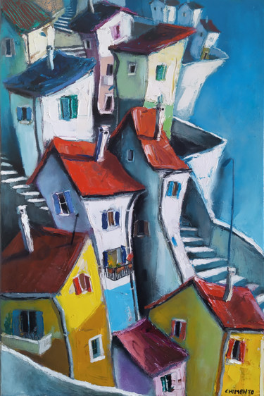 Painting titled "Ville grimpant dans…" by Laurent Chimento, Original Artwork, Oil Mounted on Wood Stretcher frame