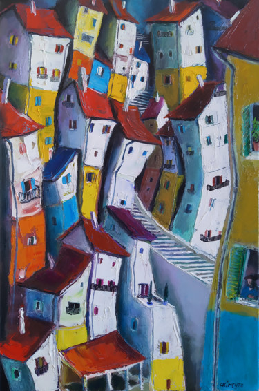 Pintura titulada "Au cœur de la ville" por Laurent Chimento, Obra de arte original, Oleo Montado en Bastidor de camilla de m…