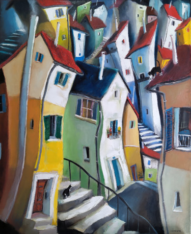 Des âmes dans la ville Peinture intitulée "Des âmes dans la vi…" par Laurent Chimento, Œuvre d'art originale, Huile Monté sur Châssis