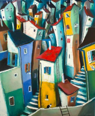 Картина под названием "Ville méridionale" - Laurent Chimento, Подлинное произведение искусства, Масло Установлен на Деревянн…