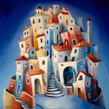 Peinture intitulée "La cité dans l'azur" par Laurent Chimento, Œuvre d'art originale, Huile Monté sur Châssis en bois