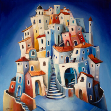 Painting titled "La cité dans l'azur" by Laurent Chimento, Original Artwork, Oil Mounted on Wood Stretcher frame