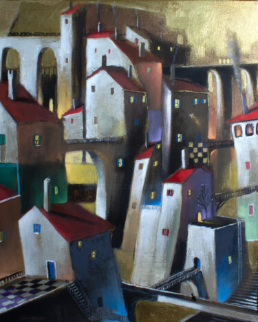 Painting titled "Cité au ciel et ref…" by Laurent Chimento, Original Artwork, Oil Mounted on Wood Stretcher frame