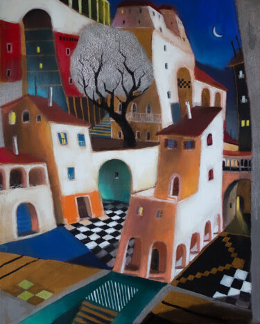 Painting titled "Cité imaginaire au…" by Laurent Chimento, Original Artwork, Oil Mounted on Wood Stretcher frame