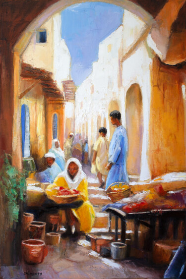 Painting titled "Le souk" by Laurent Chimento, Original Artwork, Oil Mounted on Wood Stretcher frame
