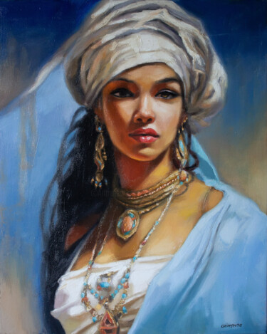 Painting titled "Beauté orientale" by Laurent Chimento, Original Artwork, Oil Mounted on Wood Stretcher frame