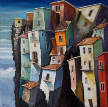 Картина под названием "Un village au dessu…" - Laurent Chimento, Подлинное произведение искусства, Масло Установлен на Дерев…