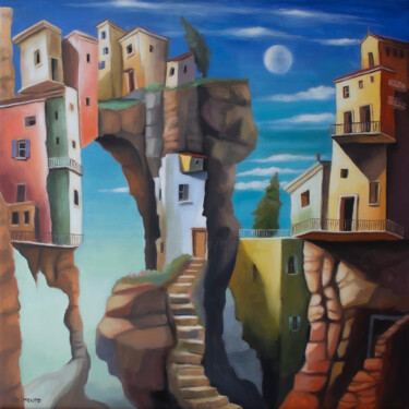 Peinture intitulée "Village lune sous œ…" par Laurent Chimento, Œuvre d'art originale, Huile Monté sur Châssis en bois