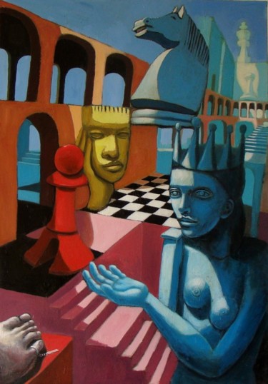 Painting titled "La cité des échecs" by Laurent Chimento, Original Artwork, Oil Mounted on Wood Stretcher frame