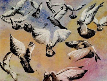 Disegno intitolato "Envol de pigeons" da Laure Vieusse, Opera d'arte originale