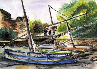 Dessin intitulée "barques a collioure" par Laure Vieusse, Œuvre d'art originale