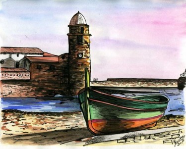 Drawing titled "barque a collioure" by Laure Vieusse, Original Artwork
