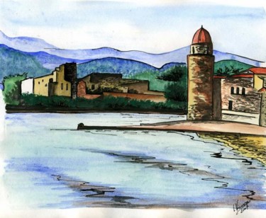 Drawing titled "Plage à Collioure" by Laure Vieusse, Original Artwork
