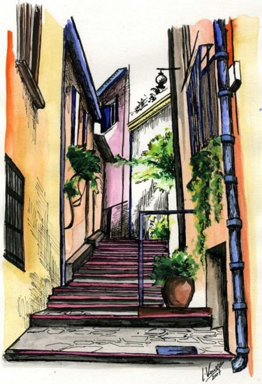 Dessin intitulée "rue à Collioure" par Laure Vieusse, Œuvre d'art originale