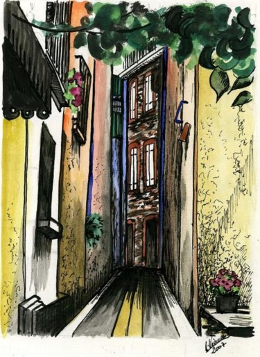 Dessin intitulée "rue à Collioure" par Laure Vieusse, Œuvre d'art originale