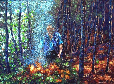 Painting titled "tending the fire" by Peter Crighton, Original Artwork, Oil