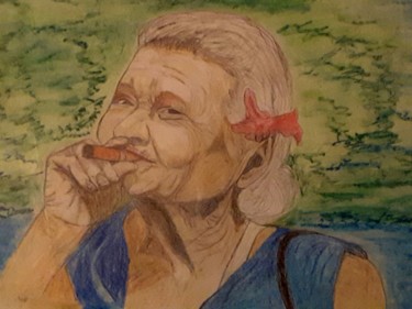 Dessin intitulée "Oma Cuba 1" par Sigrid Helmlinger, Œuvre d'art originale, Craie