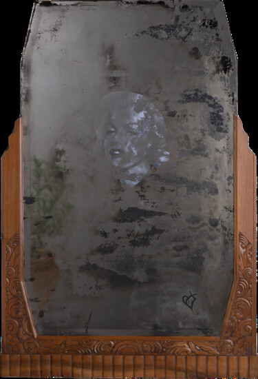 Collages intitulée "Miroir habité : Mar…" par Lavnosrad, Œuvre d'art originale, Fusain Monté sur Autre panneau rigide