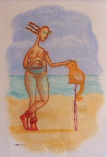 Peinture intitulée "Femme et chat" par Niute, Œuvre d'art originale