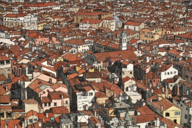 Schilderij getiteld "Toits de Venise" door Olivier Lavorel, Origineel Kunstwerk, Olie Gemonteerd op Frame voor houten branca…