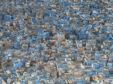 Malerei mit dem Titel "La Ville Bleue" von Olivier Lavorel, Original-Kunstwerk, Öl Auf Keilrahmen aus Holz montiert