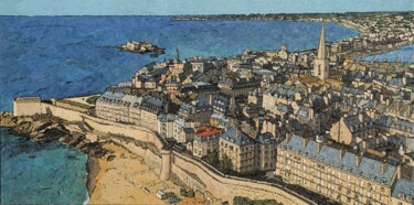 Painting titled "Saint-Malo" by Olivier Lavorel, Original Artwork, Oil Mounted on Wood Stretcher frame