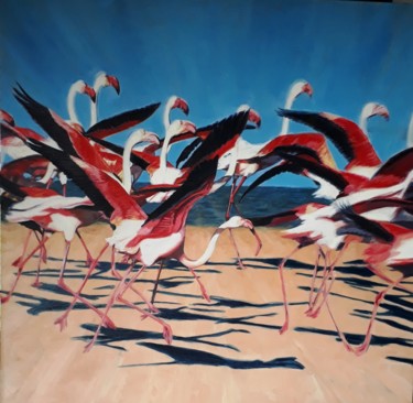 Painting titled "Mozambique Flamingos" by Yvette Mey, Original Artwork, Oil