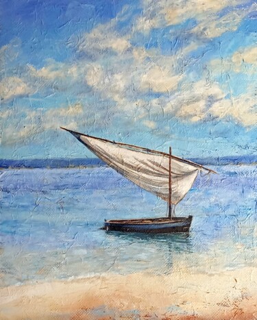 Painting titled "Mozambique Dhow" by Yvette Mey, Original Artwork, Oil Mounted on Other rigid panel